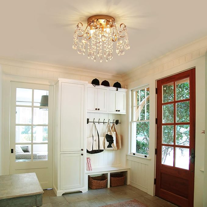 Q&S Small Chandelier,Modern Gold Mini Crystal Chandelier Ceiling Light Fixture for Bedroom,Hallway,Entryway E12 3-Light.