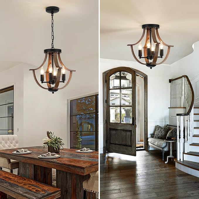 LAMPKEDUO Farmhouse Hanging Pendant Lighting, 4-Light Rustic Flush Mount Ceiling Light Fixture,Modern Faux Wood Vintage Chandelier for Dining Room Kitchen Island Foyer Hallway Entryway Bedroom