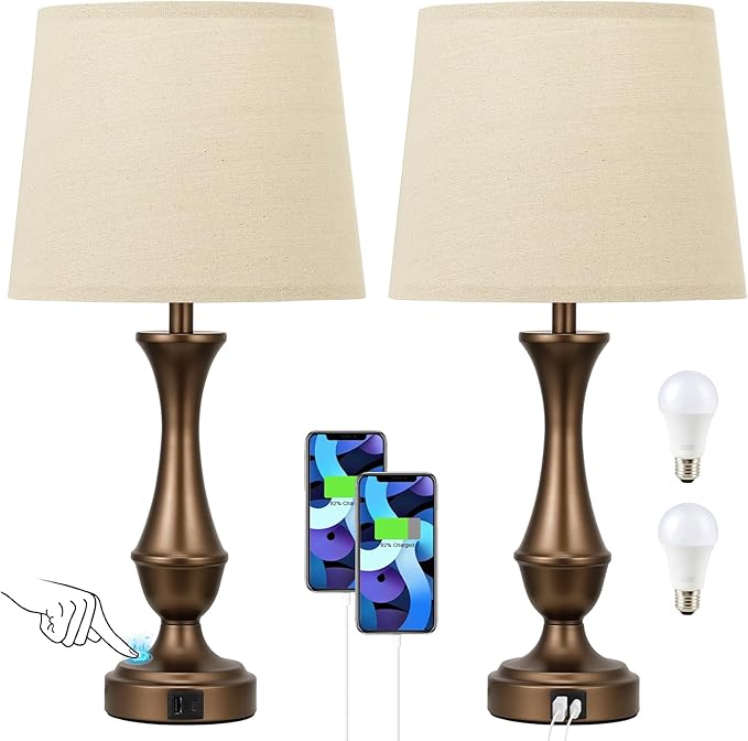 Seealle Upgraded Touch Lamps for Night Stands Set of 2 - Bedside Lamps with USB C+A, 3 Way Dimmable for Bedroom Living Room End Tables Office(Brown)