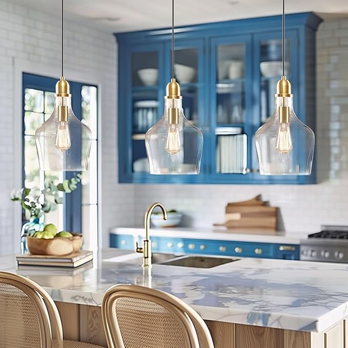 INK+IVY Auburn Pendant Lighting for Dining Room, Industrial Kitchen Lights, Hand-blown Glass Bell Shaped Pendant Light for Kitchen Island, Foyer, Bedroom, 9" Dia x 95.5" H, Gold/Clear