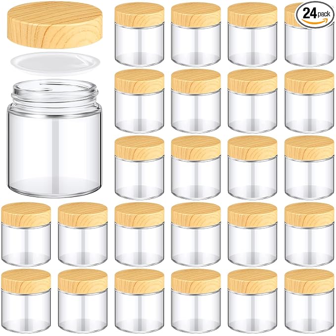 Norme 24 Pcs 4 oz Glass Jars with Lids, Empty Glass Containers with Woodgrain Lids & Inner Liners, Reusable for Storing Creams Lotions Cosmetic Powder Ointments Making (natural wood)