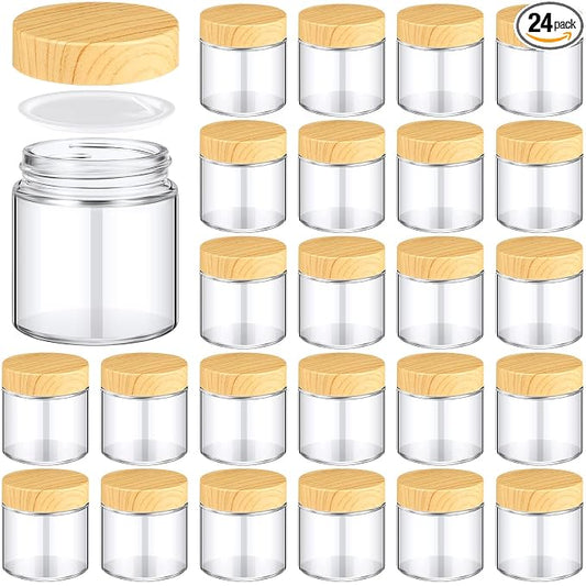 Norme 24 Pcs 4 oz Glass Jars with Lids, Empty Glass Containers with Woodgrain Lids & Inner Liners, Reusable for Storing Creams Lotions Cosmetic Powder Ointments Making (natural wood)