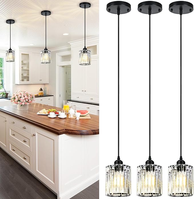 3 Pack Pendant Lights Kitchen Island, Modern Island Lights for Kitchen with Crystal Glass Shade – Luxury Pendant Light Fixtures for Kitchen Island, Dining Table, Entryway, Restaurant