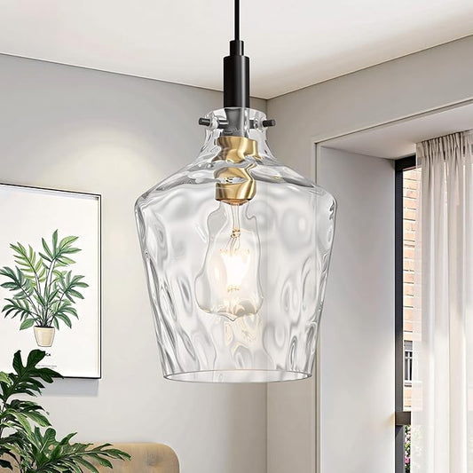 Modern Hammered Glass Pendant Lighting for Kitchen Island 1 Pack, Farmhouse Black and Gold Pendant Light Fixtures, Height Adjustable Ceiling Pendant Light, 8 Inch
