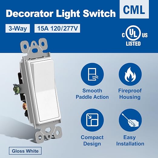 CML 3 Way Decorator Paddle Rocker Wall Light Switch, Single Pole or Three Way, 15A 120/277V, 3-Year Warranty, Gloss White