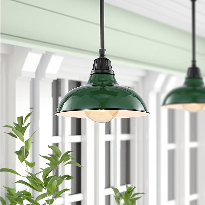 JONATHAN Y 12.25" Green/Black 1-Light Farmhouse Indoor/Outdoor LED Pendant Iron Hanging Light, and Black Metal Shade, Rustic Ceiling Lamp for Kitchen Island, LED Bulb Included (JYL7611F)