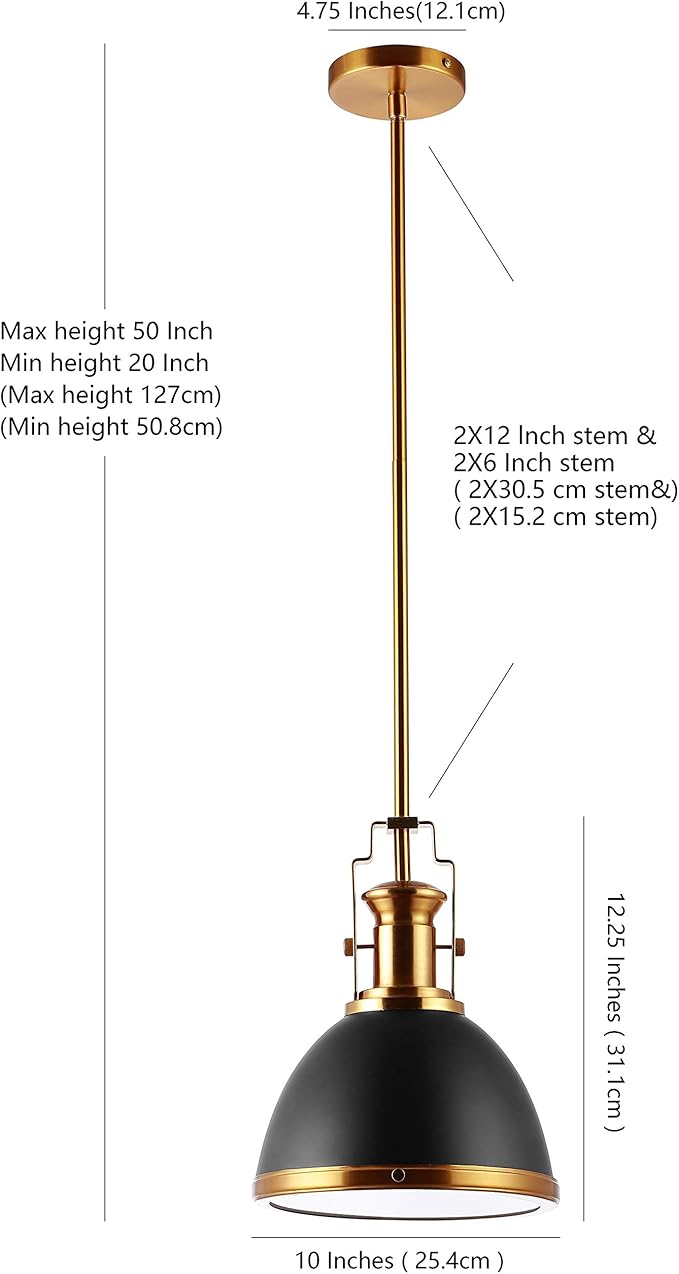 JONATHAN Y 10" Black/Brass Gold Modern Industrial Iron LED Dome Pendant Light, Adjustable Hanging Fixture for Kitchen Island or Entryway, Black Metal Shade, LED Bulb Included JYL9535A