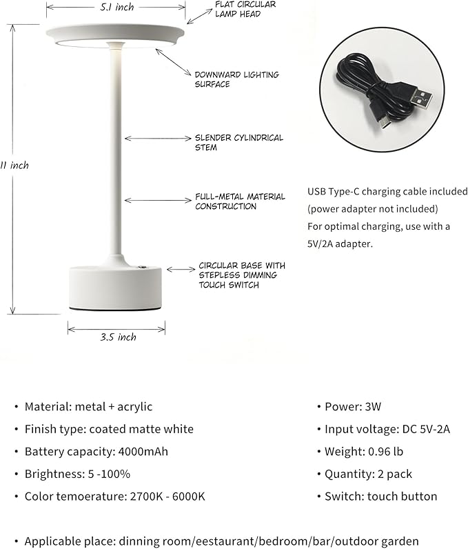 PUSU Rechargeable Table Lamps Set of 2, White Cordless LED 4000mAh Battery Desk Lamp, Stepless Dimming & 3 Color 2700K-6000K, Portable Lamp for Bedroom, Living Room, Restaurant, Outdoor, Night Light