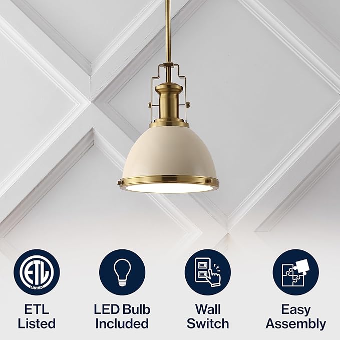 JONATHAN Y JYL9535F 10" Modern Industrial Dome Pendant Light, Farmhouse Hanging Light Fixture in Almond and Brass Gold, Adjustable Height Metal Lighting for Kitchen Island, Dining Room, Entryway