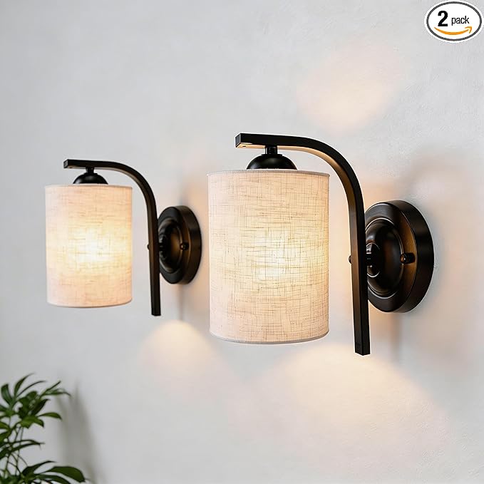 2-Pack Wall Sconces for Bedroom and Bathroom, Matte Black Farmhouse Wall Light Fixtures with Fabric Shade, Modern Vanity Wall Lamps for Living Room, Hallway, Kitchen