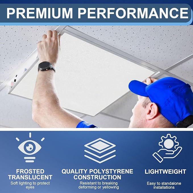 Pushglossy 6 Pack 22.5" x 46.5" x 0.08" Frosted Fluorescent Light Diffuser Panels, Translucent Polystyrene Sheet Replacement for 2x4ft Drop Ceiling Lights for Classroom Office Home