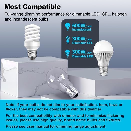 BESTTEN 3 Pack Super Slim Slide Dimmer Light Switch, Quiet Rocker, Max 300W LED, CFL, 600W Incandescent, Single Pole or 3 Way Dimmable Switch with Screwless Wallplate, ETL Listed, White