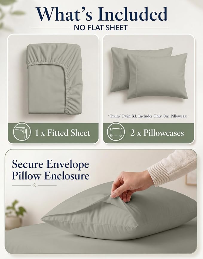 LANE LINEN 100% Organic Cotton Twin Fitted Sheets, 2-Piece Set (1 Fitted Sheet, 1 Pillowcase), Percale Weave, Lightweight, Ultra Soft, Breathable, Fits Mattress Upto 15" Deep - Silver (No Flat Sheet)