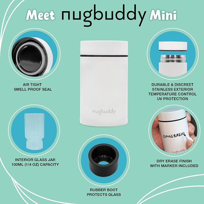 nugbuddy Mini Airtight Storage Container - Vacuum Sealed Insulated w Nested Glass Jar - UV Protection, Temperature Controlled Stainless - 100 ml (1/4 Oz)