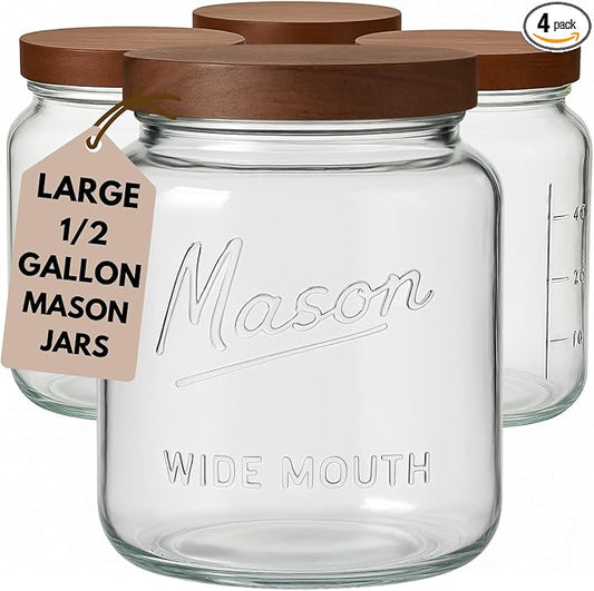 Kitchentoolz Half Gallon Glass Mason Jars with Airtight Push to Close Wooden Lids - Food Storage & Canning Jars with Measurement Markings - Pantry Containers for Flour, Sugar & Dry Goods - 64 oz (4pk)