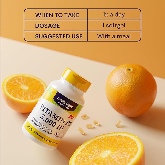 Healthy Origins ビタミンD3（ラノリン）5,000 IU ソフトジェル - 骨の健康と免疫サポートサプリメント - 吸収しやすいビタミンDサプリメント - グルテンフリービタミンD3サプリメント - 360ソフトジェル
