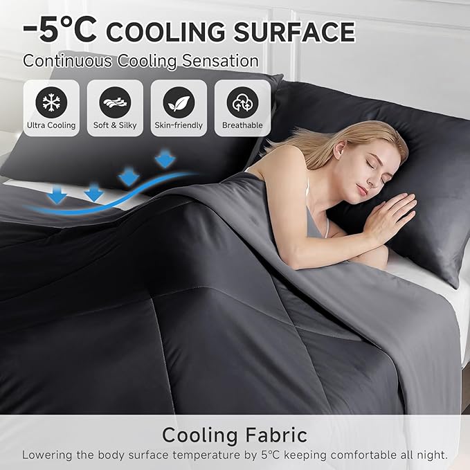 HOMFINE Cooling Comforter Queen Size, Black Summer Cooling Blanket for Hot Sleepers and Night Sweats, Japanese Double-Sided Cold Tech Fabric Q-Max 0.45, Soft Breathable Silky Smooth Lightweight