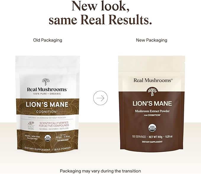 Poudre de supplément de Crinière de lion Real Mushrooms – Extrait biologique de Crinière de lion – Champignons fonctionnels avec bêta-glucanes vérifiés – Mélange fonctionnel – Sans OGM, végétalien avec 150 portions