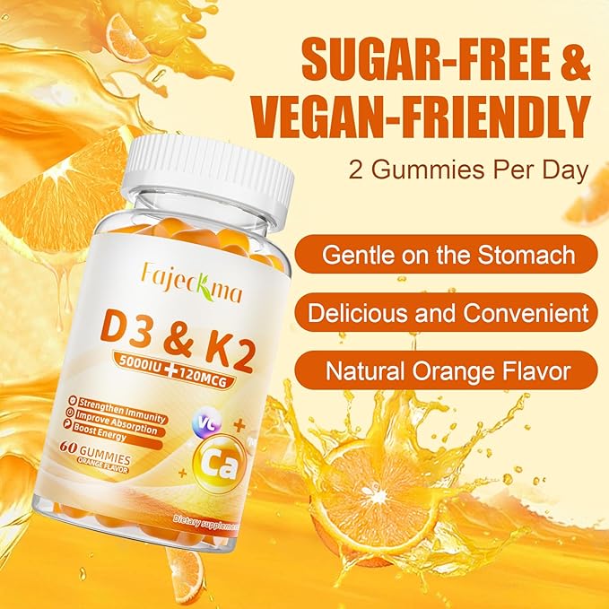 Natural D3 K2 Vitamin Gummies: Sugar Free Chewable Supplement Plus Magnesium Zinc Calcium B12 B6 B9 for Immune Skin Health Support Stress Relief - for Low Energy Sports Adults(60Count)