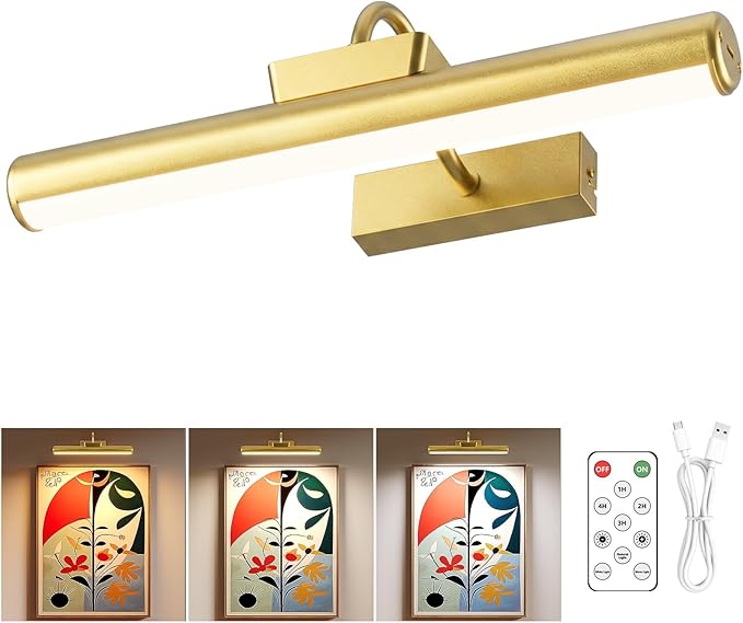 13" Aluminum Wireless Picture Lights for Wall, 5000mAh Rechargeable Battery Operated Wall Art Lighting, Dimmable 3-Color Gallery Painting Light for Pictures On Wall, with Remote/Timer [Gold, 1Pack]