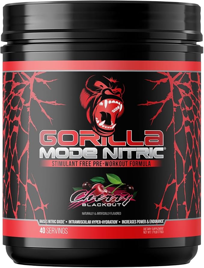 Gorilla Mode Nitric アップグレード版 ノンカフェインプレワークアウト – 最高の味と効果のカフェインフリープレワークアウト／パンプ感・血管拡張・パワーを増強／776g（チェリーブラックアウト）
