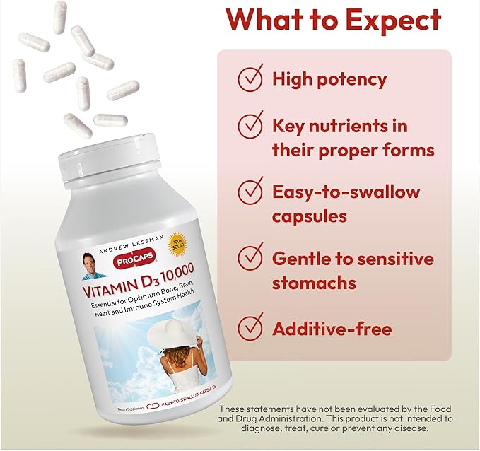 ANDREW LESSMAN Vitamine D3 10 000 UI 360 Gélules – Haute Puissance, Essentielle à l'Absorption du Calcium, Soutient la Santé Osseuse, la Fonction Musculaire Saine, le Système Immunitaire, et plus encore. Petites Gélules Faciles à Avaler