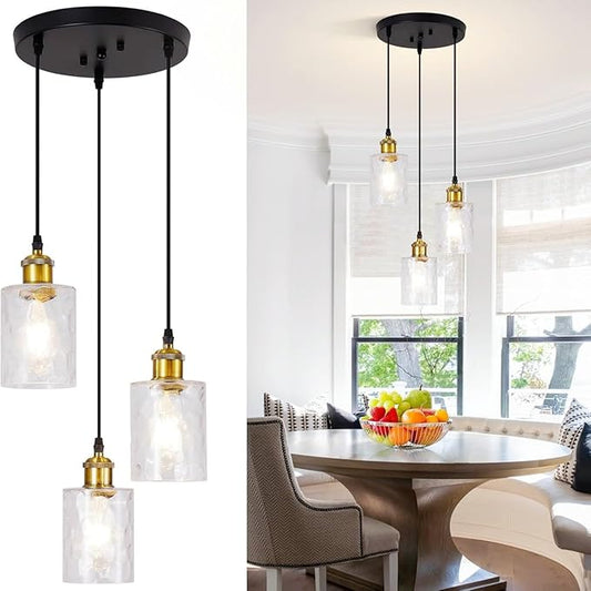 3-Light Pendant Light Fixtures, Black and Gold Pendant Lights Kitchen Island, Adjustable Pendant Lighting with Clear Hammered Glass Shade, Modern Hanging Light Fixtures for Dining Room, Hallway