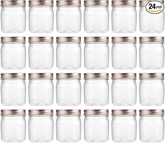 novelinks 8 oz Clear Plastic Jars with Airtight Lids, 24 Pack Plastic Mason Jars with Lids 8oz, Refillable Storage Slime Containers & Small Spice Jar for Kitchen Organization (24 Pack,Rose Gold)