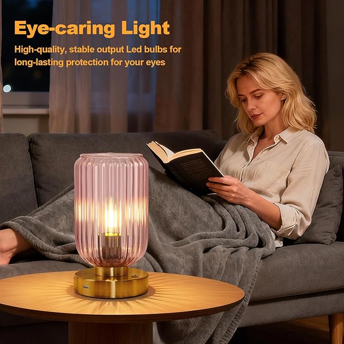 LigthRound Touch Table Lamp for Bedroom, Cordless Bedside Small Table Lamp, Dimmable Rechargeable Battery Operated Lamp for Nightstand, Bedside, Living Room, Desk, LED Bulb Included