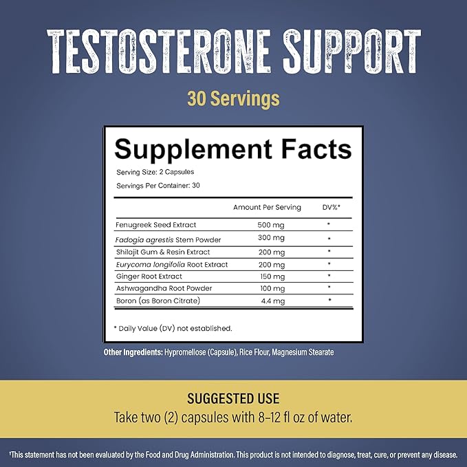 Vitality – Testosterone Support Formula | Fenugreek (500 mg), Fadogia Agrestis (300 mg), Shilajit, Tongkat Ali, Ginger, Ashwagandha | 60 Capsules, 30 Servings | Made in the USA