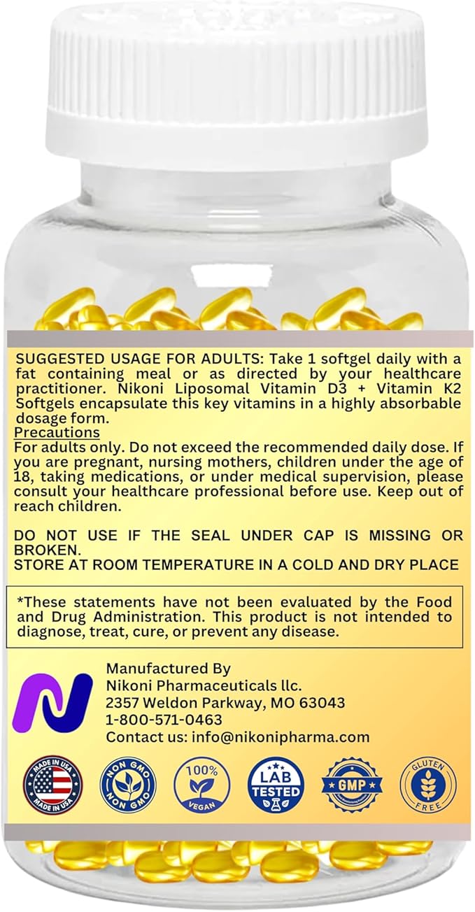 Nikoni Vitamine D3 Liposomale 10000 UI, Vitamine K2 (MK-7) 250 mcg, Infusée à l'Huile de Coco et d'Avocat, Facile à Avaler, Soutient l'Absorption du Calcium, la Santé des Os, 180 Gélules Molles Végétaliennes