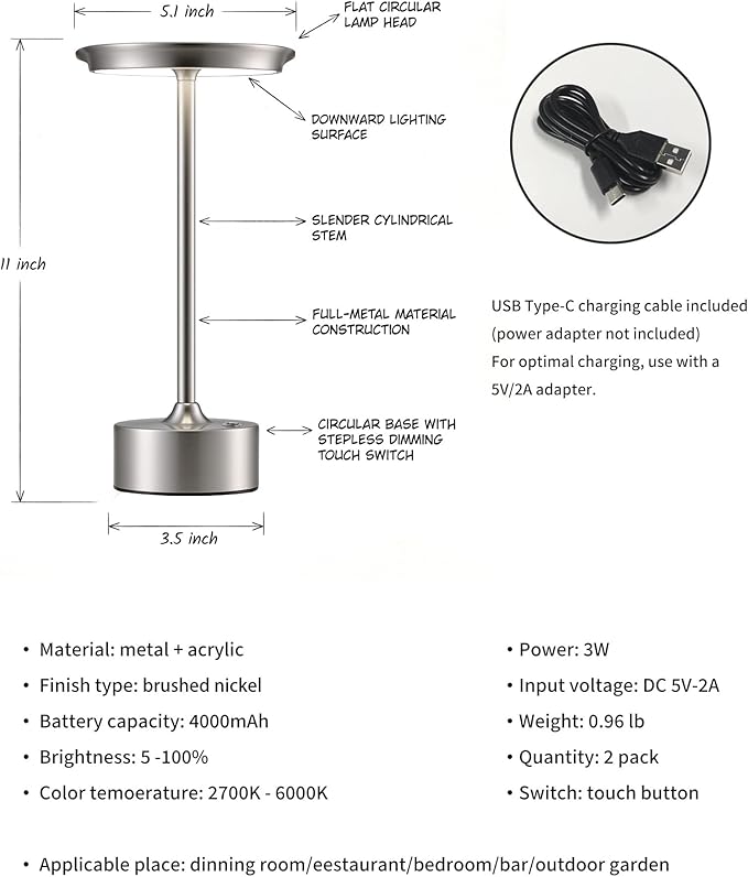 PUSU Rechargeable Table Lamps Set of 2, Nickel Cordless LED 4000mAh Battery Desk Lamp, Stepless Dimming & 3 Color 2700K-6000K, Portable Lamp for Bedroom, Living Room, Restaurant, Outdoor, Night Light