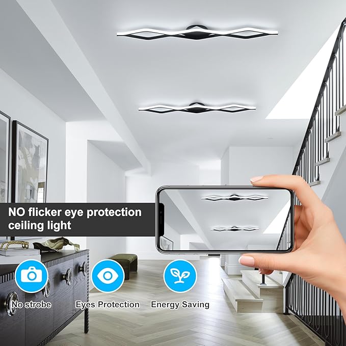 Qcyuui Dimmable LED Ceiling Lights 46.4'' Kitchen Lighting Fixtures Ceiling Black Flush Mount Ceiling Light with Remote Linear Ceiling Light for Kitchen Bedroom Dining Room Hallway,24W