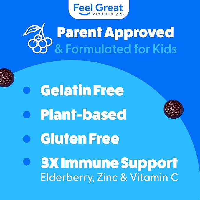 Soutien immunitaire optimal pour les enfants | Gommes de Vitamine C, Zinc et Sureau | Multivitamine immunité Sambucus Nigra | Végétarien | 60 jours de traitement