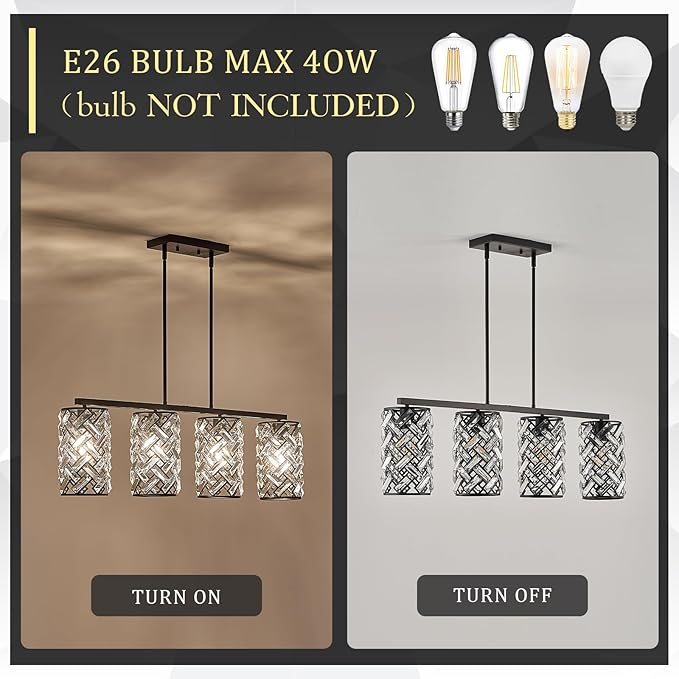 CATINER 40" Crystal Kitchen Island Lighting 4 Lights Modern Black Linear Chandelier Dining Room Light Fixture Over Table Luxury Ceiling Pendant Light Fixture