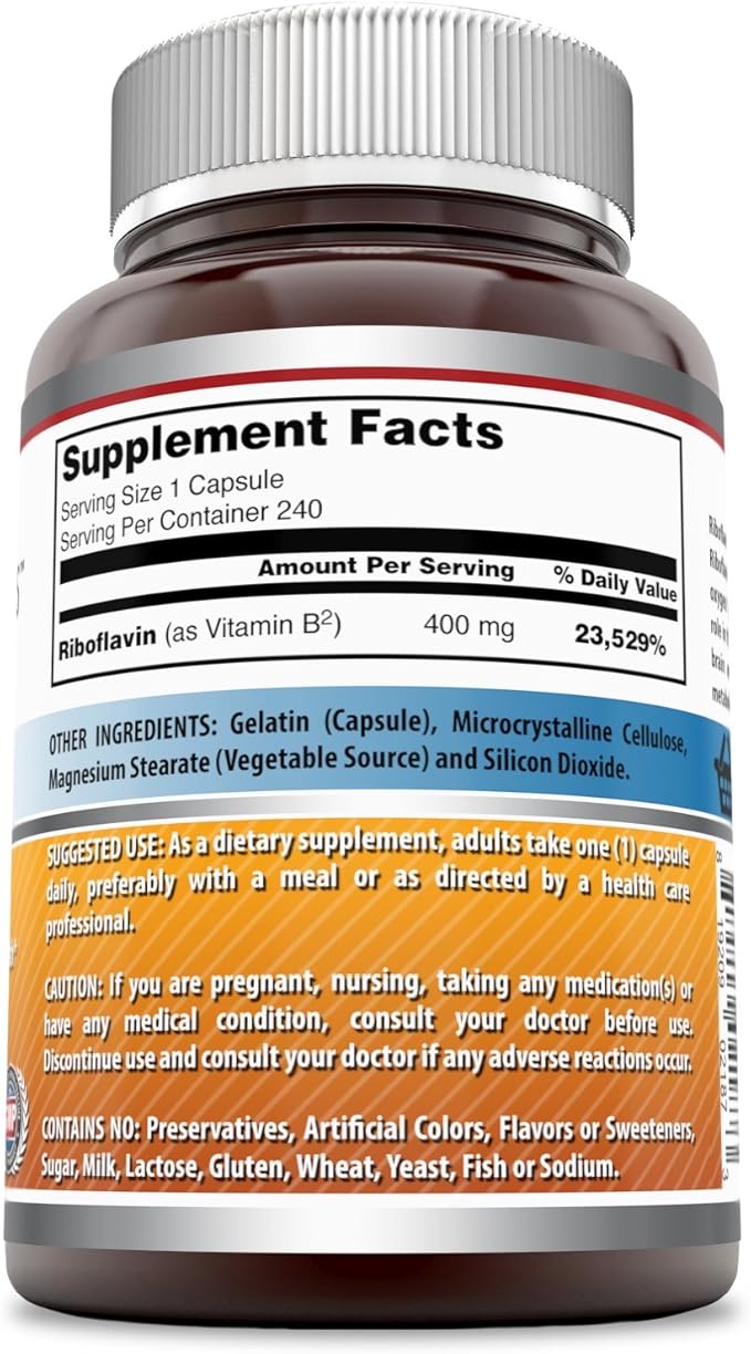 Amazing Formulas Supplément Alimentaire Riboflavine - 400 Milligrammes - Favorise une meilleure circulation sanguine - Aide à maintenir le système nerveux. (240 Capsules) (Sans OGM - Sans gluten)