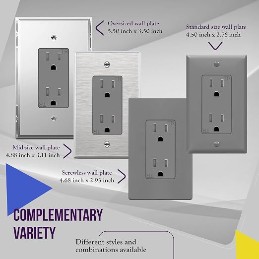 ENERLITES Decorator Receptacle Outlet with Wall Plate, Tamper-Resistant, Gloss Finish, Residential Grade, 3-Wire, Self-Grounding, 2-Pole, 15A 125V, UL Listed, 61501-TR-GYWP, Gray