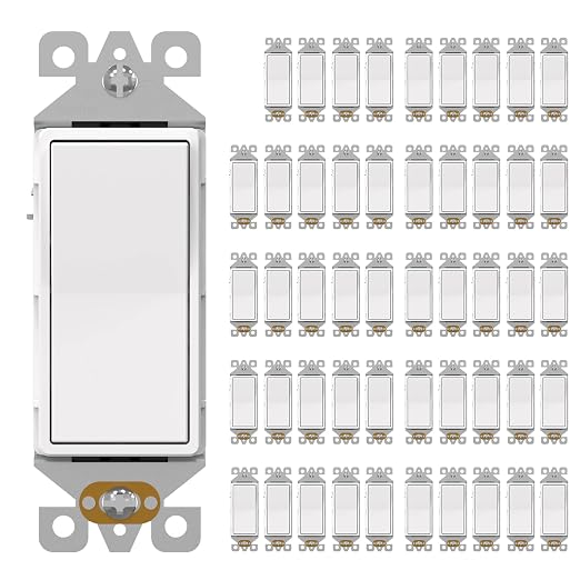 AIDA Single Pole Rocker Decorator Light Switch, 15 Amp Self-grounding Electrical Light Switches, Wall Plate Included, Residential Grade, UL Listed (50 Pack, Matte White)