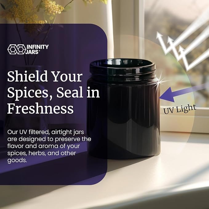 Infinity Jars, Classic Airtight Ultraviolet Glass Jar 250  ML (8.3 fl oz) Pack 6 Smell Proof, Antistatic, Light Blocking Container for Herbs, Coffee, Tea & Spices Durable, Travel-Friendly Storage