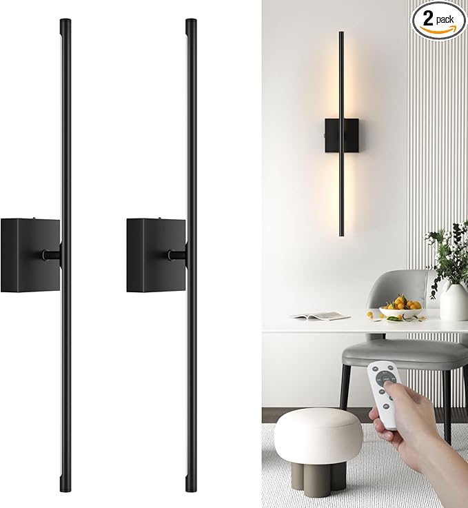 VOLISUN Battery Operated Wall Sconces Set of Two, Rechargeable Wall Sconces with Remote, 3000K-6500K Dimmable Battery Wall Sconce Decor, 27.6'' Wireless Wall Lights for Bedroom, Living Room(Black)