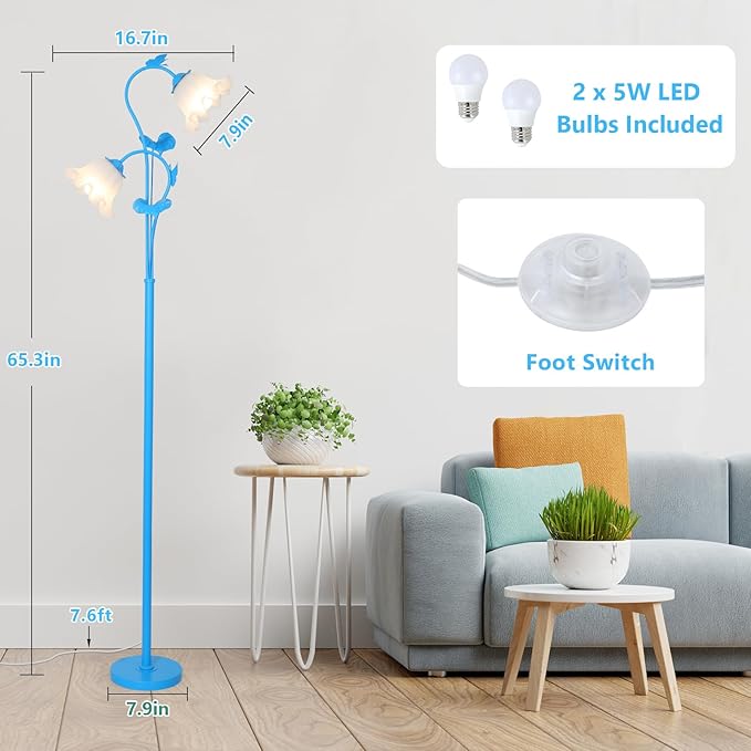 HMVPL Blue Floor Lamp for Living Room, Flower Standing Lamp with 2 LED 5W Blubs, Foot Switch, Floral Tall Lamp with Acrylic Shade, Antique Lotus Flower Floor Lamp for Living Room Office Reading