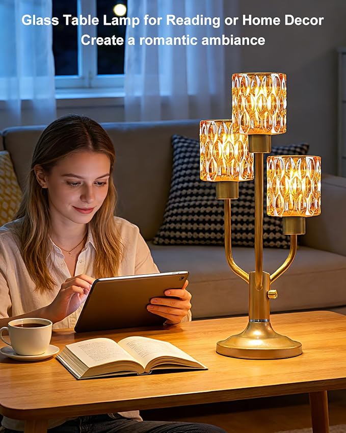 Mid Century Modern Vintage Table Lamp Dimmable Nightstand Lamp Gold Desk Lamp with Brown Glass 3 Bulbs Included Warmwhite Ambient Bedside Lamps for Bedroom Living Room Office Home Decor