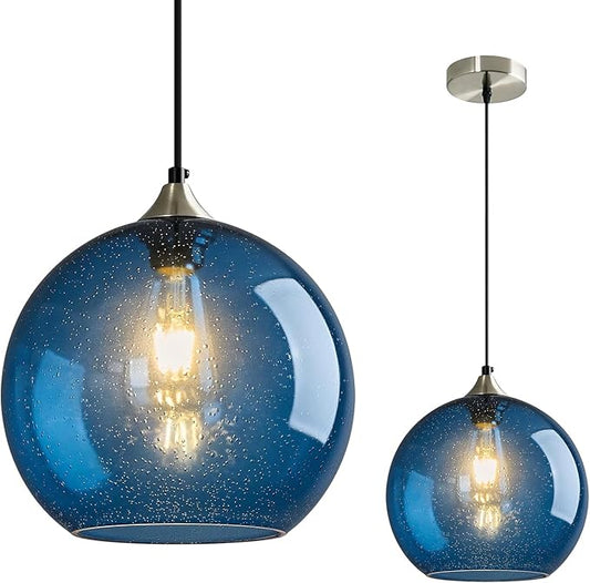 Mikeru Glass Globe Pendant Light Single, 5.9 Inch Blue Bubble Glass Hanging Lamp, Mid Century Modern Pendant Lighting for Kitchen Island Dining Room Bedroom (Bulb Not Included)