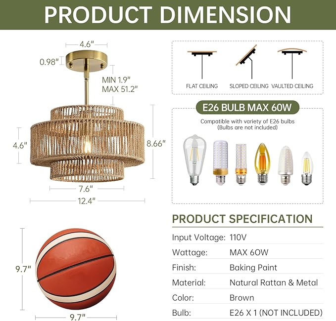 12.4” Boho Rattan Chandelier for Dining Room, 1-Light Hand Woven Farmhouse Pendant Light Fixture, Coastal Wicker Hanging Ceiling Light for Kitchen Island Living Room Bedroom Entryway Foyer