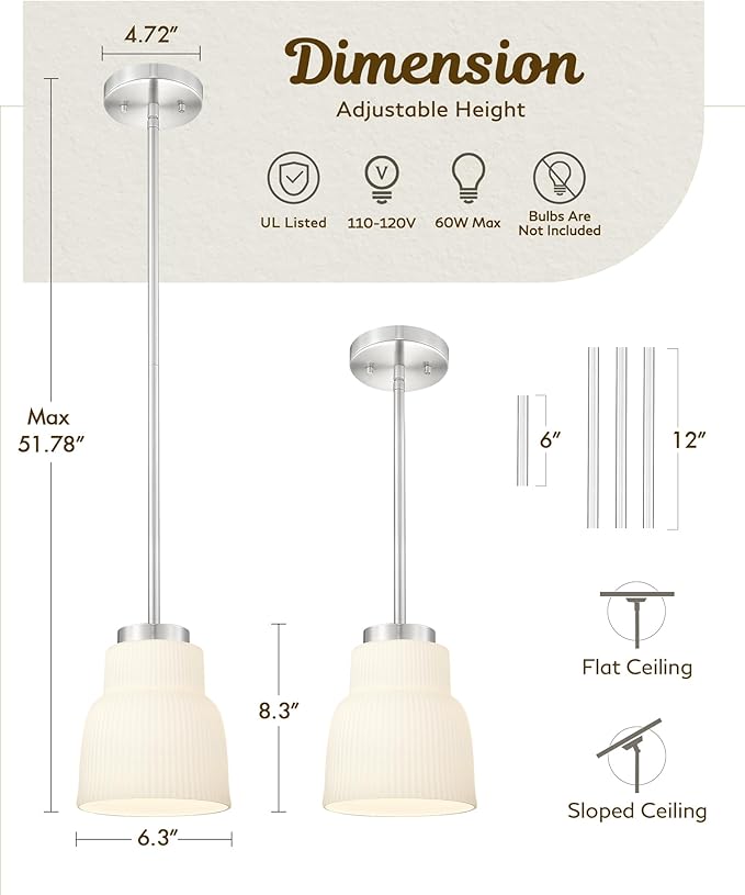 FEMILA 3 Pack 6.7" Vintage Light Fixtures, Milk Glass Kitchen Island Lighting, Brushed Nickel Antique Chandelier, Hanging Light Fixture for Bedroom Hotel Living Room, 4FYD87MIL-3PK BN