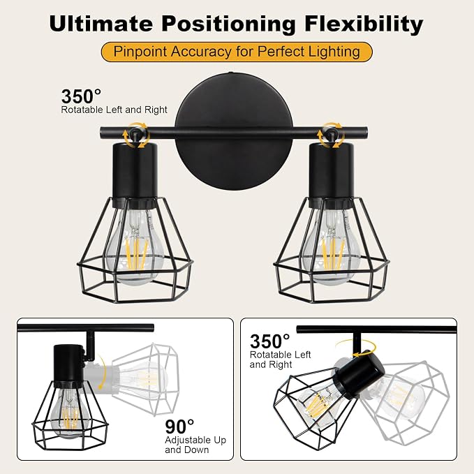 HiBay 2-Light Track Lighting Black, Rotatable Directional Ceiling Light Fixtures, Farmhouse Geometric Metal Cage Industrial Spotlight for Kitchen, Bedroom, Hallway, E26 Base (Bulbs Not Included)