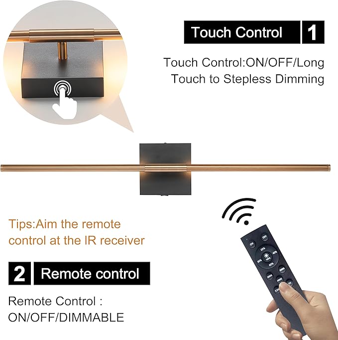 15800 mAh Battery Operated Wall Sconces with Remote Control, Dimmable Wall Sconces Set of Two 3000K LED Matte Black and Brass Gold Wireless Wall Light Battery Powered Cordless Rechargeable Wall Lamps