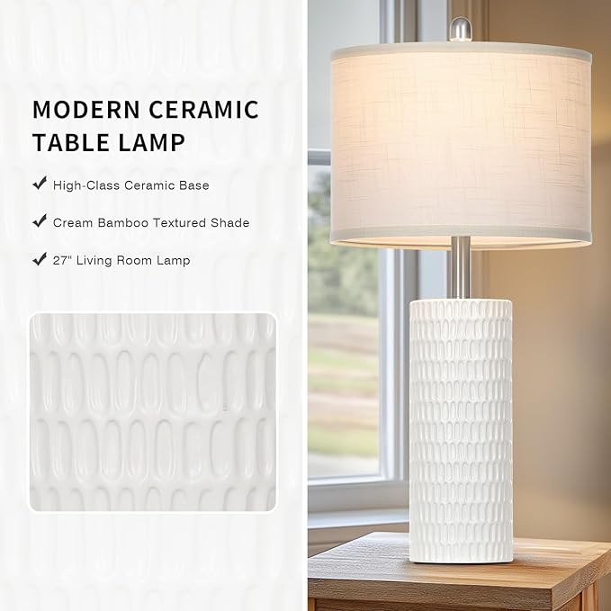 Cinyirong 27" Ceramic Table Lamp, Farmhouse Table Lamp for Living Room, White Lamp for Bedroom, Night Stand, Modern Bedside Lamp Set of 2, End Table Lamps, White(2 Bulbs Included)