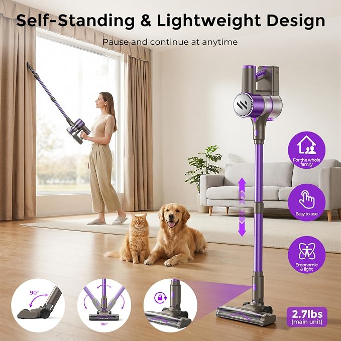 WLOTPO Vacuum Cleaners for Home,Cordless Vacuum Cleaner,Lightweight Stick Vacuum Cordless Rechargeable,Self-Standing Design,LED Touch Screen,Vacuum for Hardwood Floors,Carpet,Pet Hair(Blue Purple)
