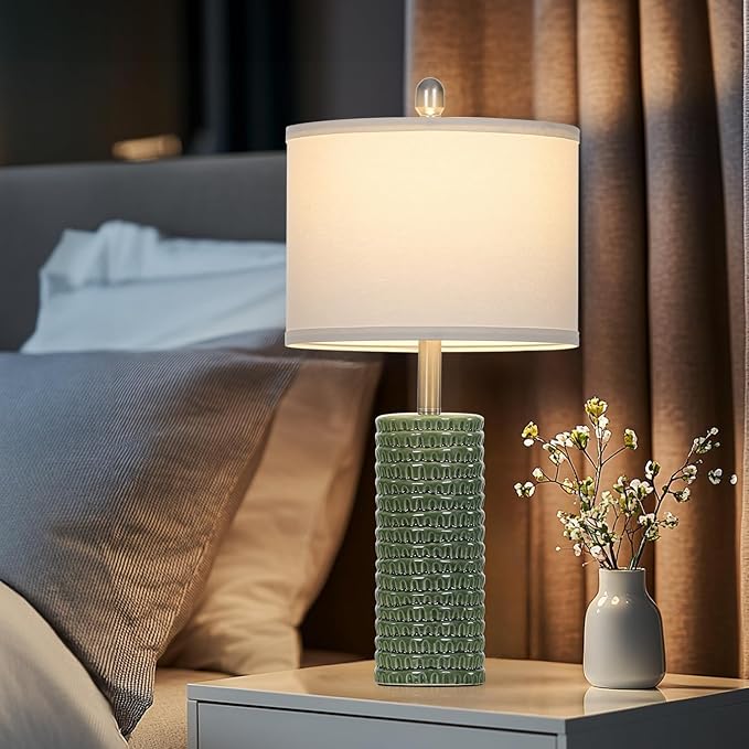 Cinyirong 24.5" Green Ceramic Table Lamps Set of 2, Farmhouse Table Lamps for Living Room, Modern Lamps for Bedroom Night Stands, Traditional Nightstand Desk Lamps(LED Bulbs Included)